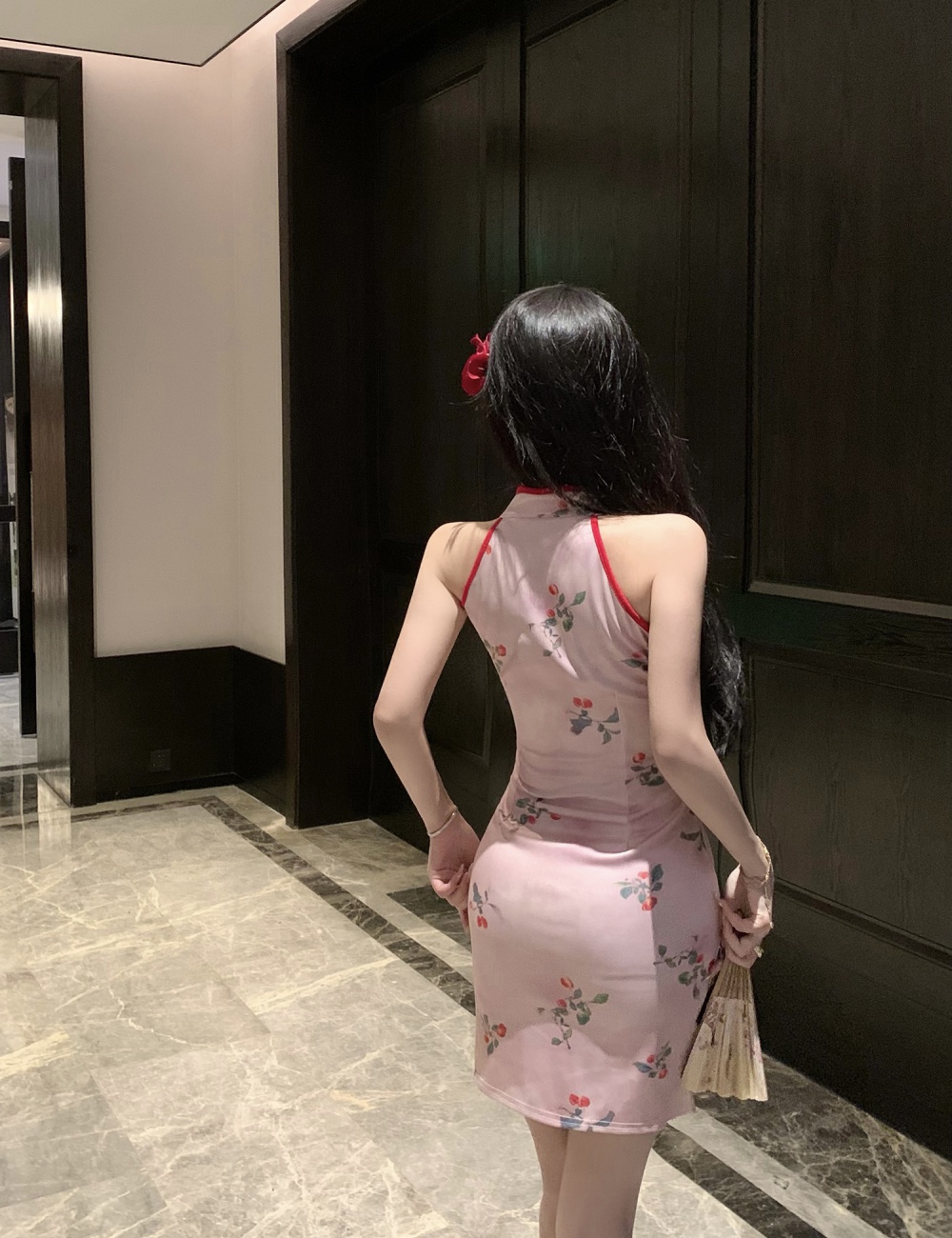 Pink retro short split dress hollow light maiden cheongsam