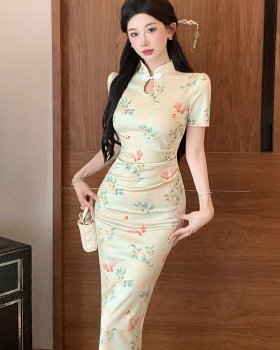 Light short sleeve summer dress printing long slim cheongsam