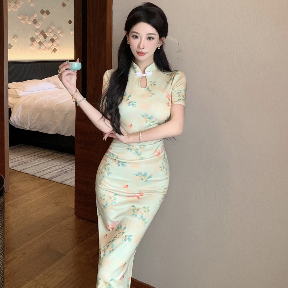 Light short sleeve summer dress printing long slim cheongsam