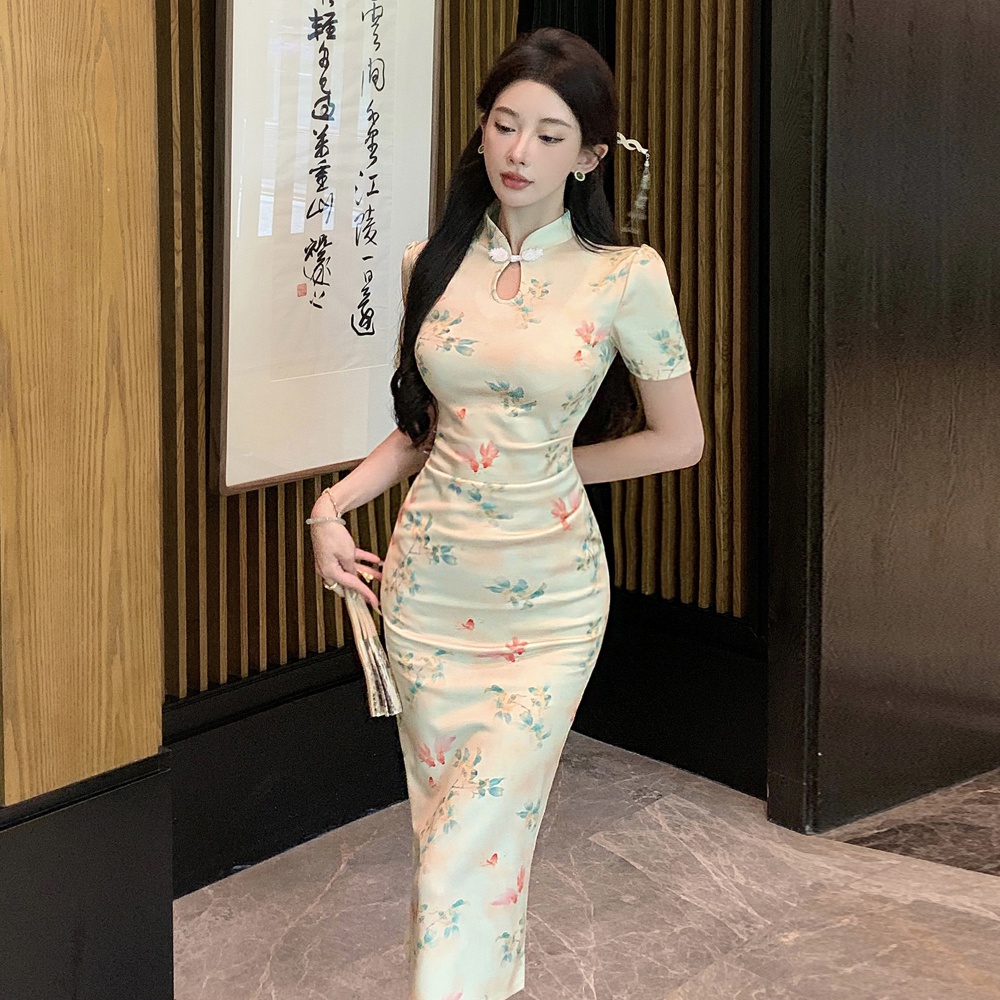 Light short sleeve summer dress printing long slim cheongsam