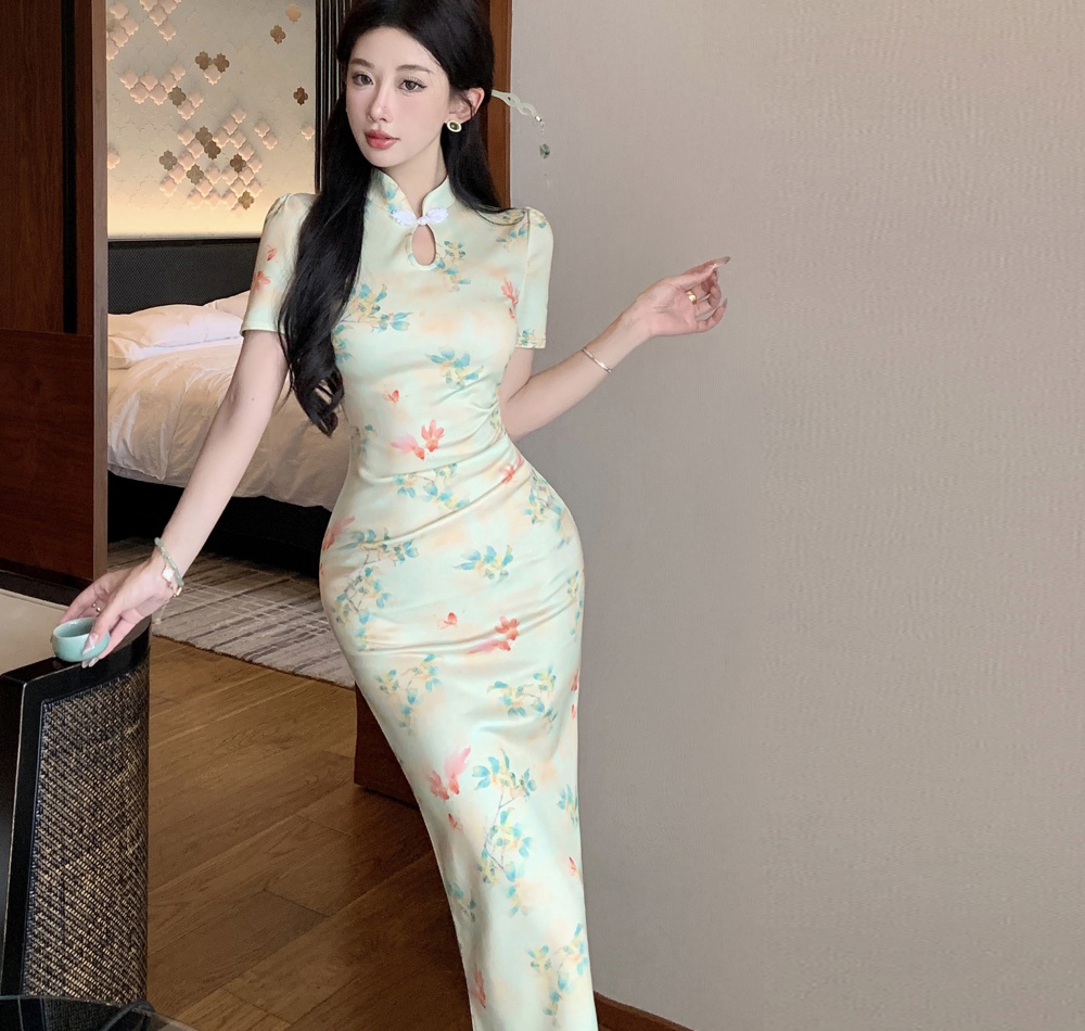 Light short sleeve summer dress printing long slim cheongsam