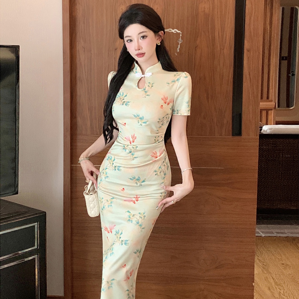 Light short sleeve summer dress printing long slim cheongsam