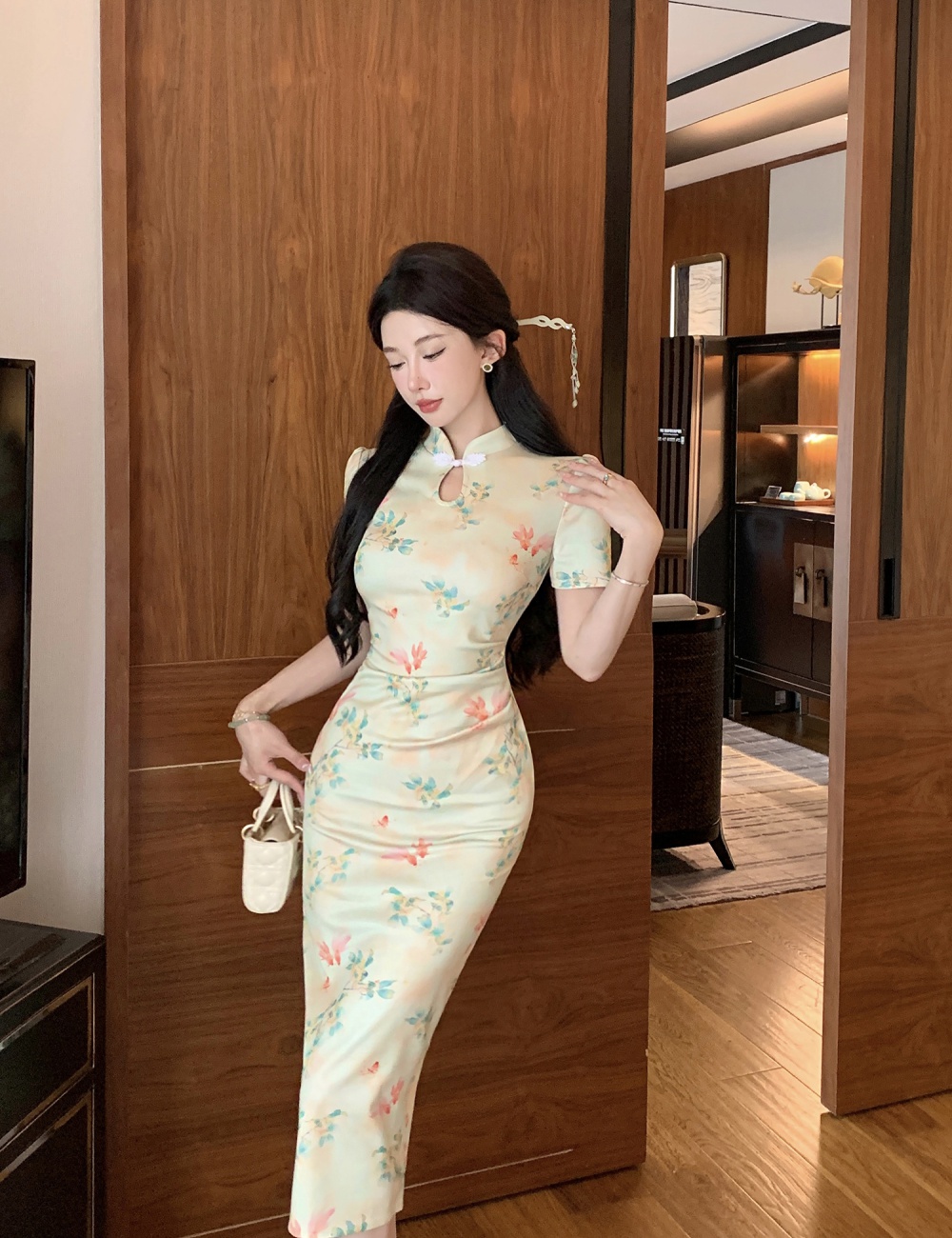 Light short sleeve summer dress printing long slim cheongsam