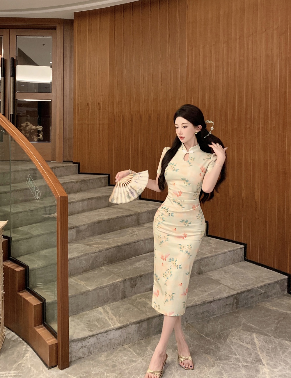 Light short sleeve summer dress printing long slim cheongsam