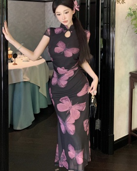 Printing slim short sleeve cheongsam gauze butterfly dress