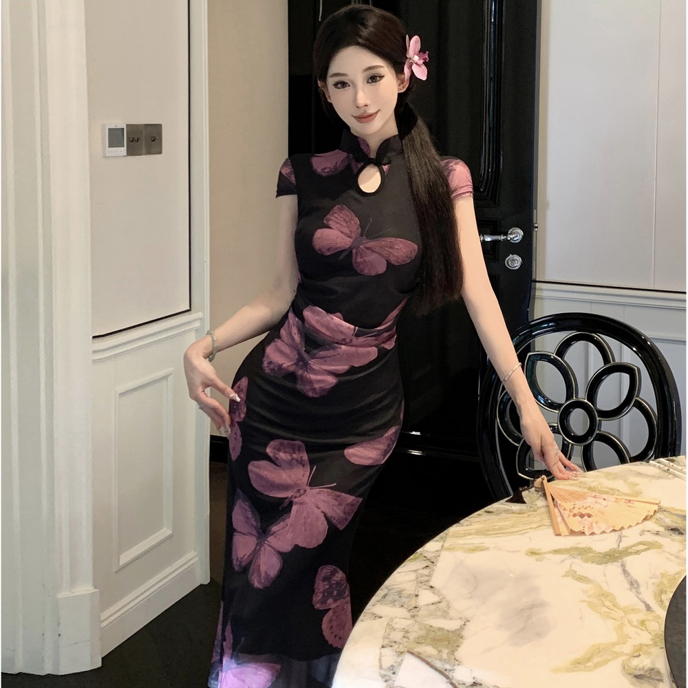 Printing slim short sleeve cheongsam gauze butterfly dress