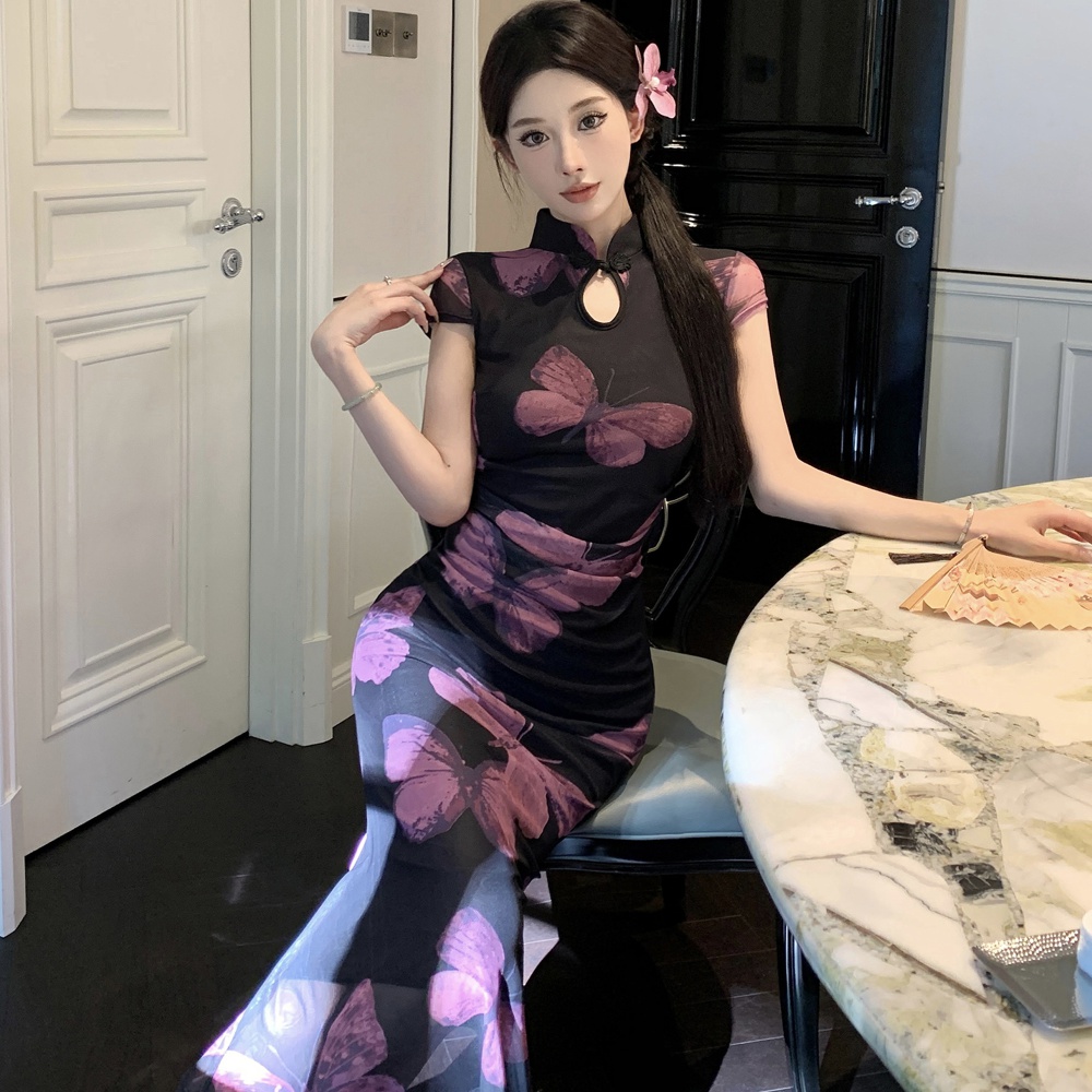 Printing slim short sleeve cheongsam gauze butterfly dress