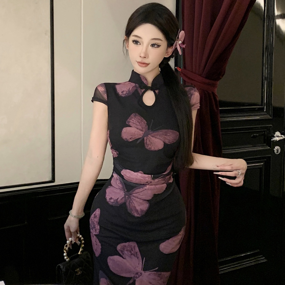 Printing slim short sleeve cheongsam gauze butterfly dress