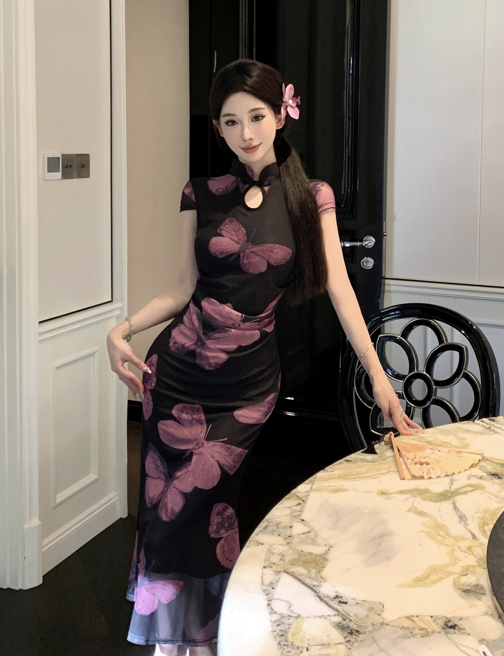 Printing slim short sleeve cheongsam gauze butterfly dress