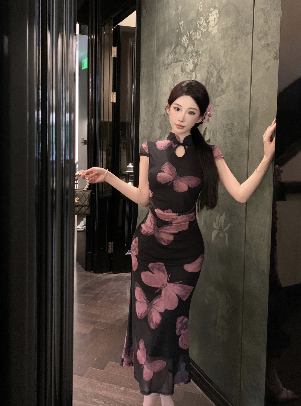 Printing slim short sleeve cheongsam gauze butterfly dress