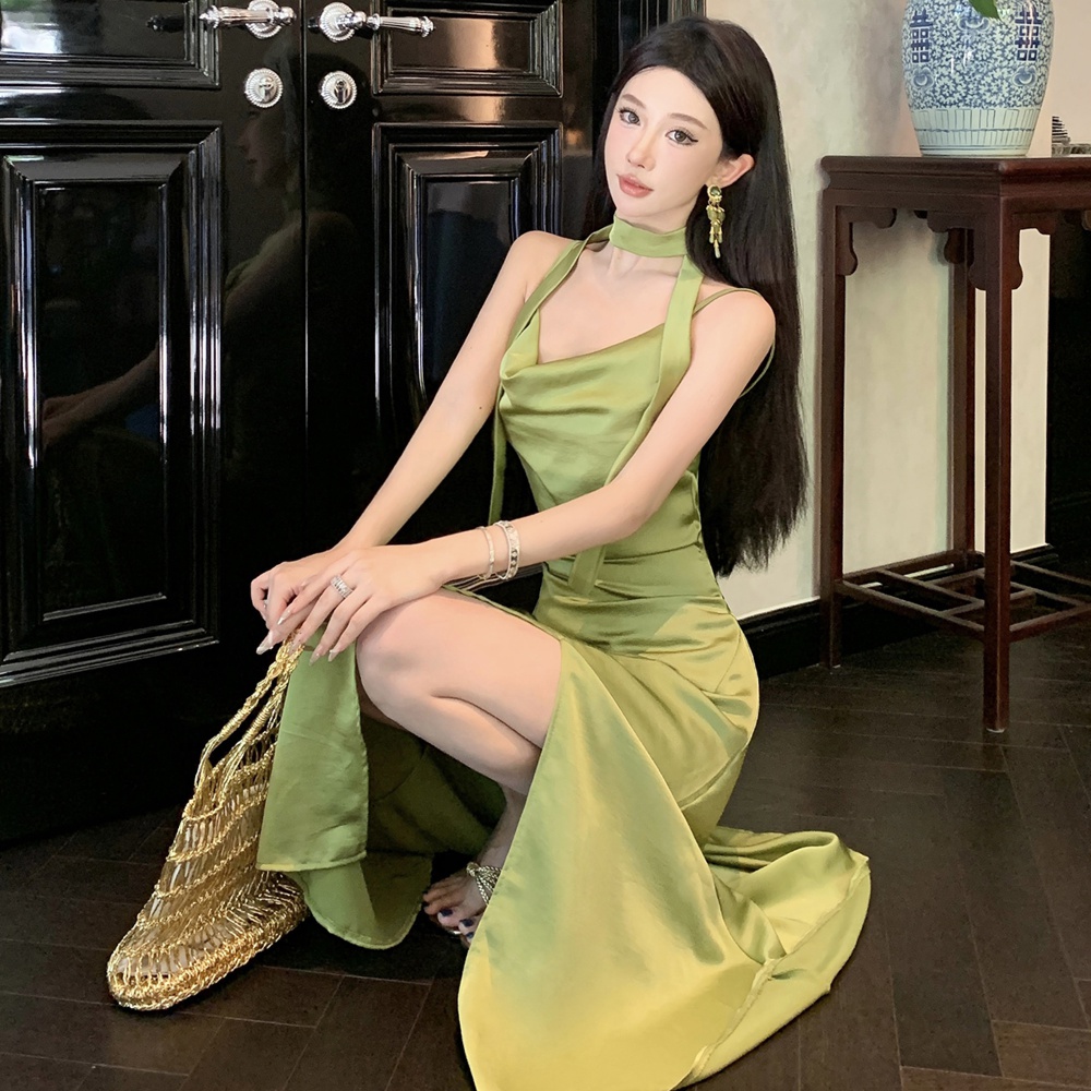 Split travel satin long fashion vacation summer dress