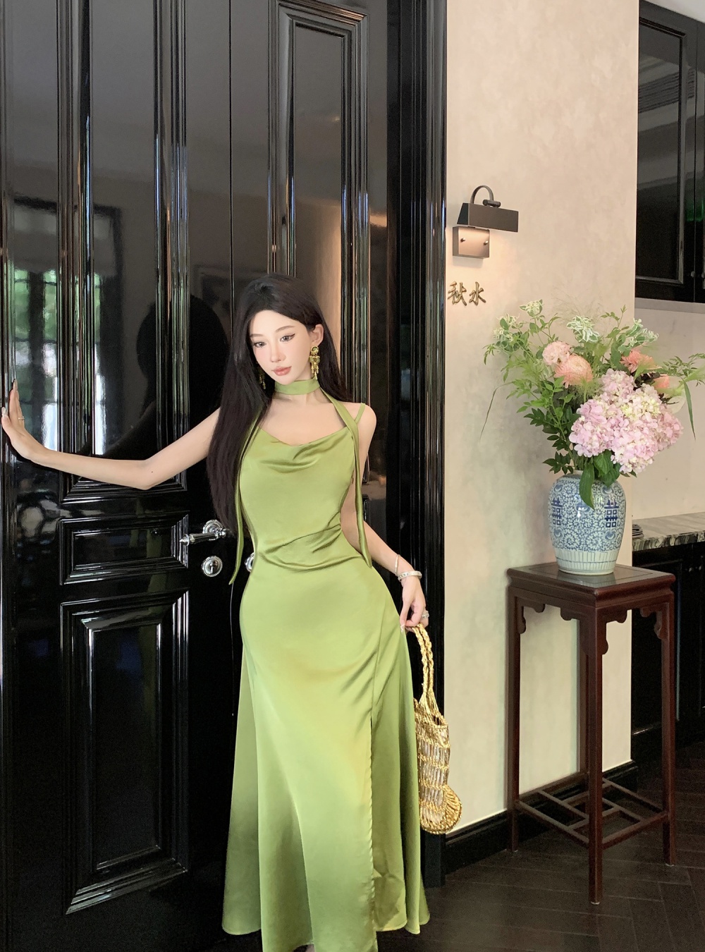 Split travel satin long fashion vacation summer dress