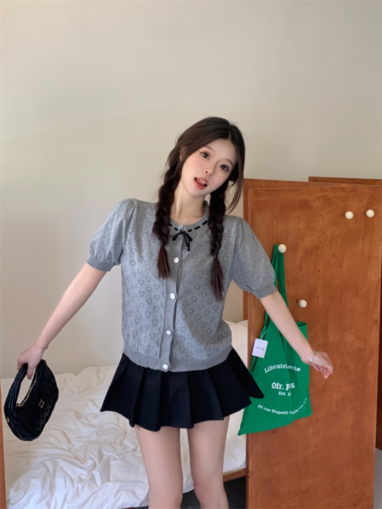 Gray short sleeve cardigan knitted tops for women