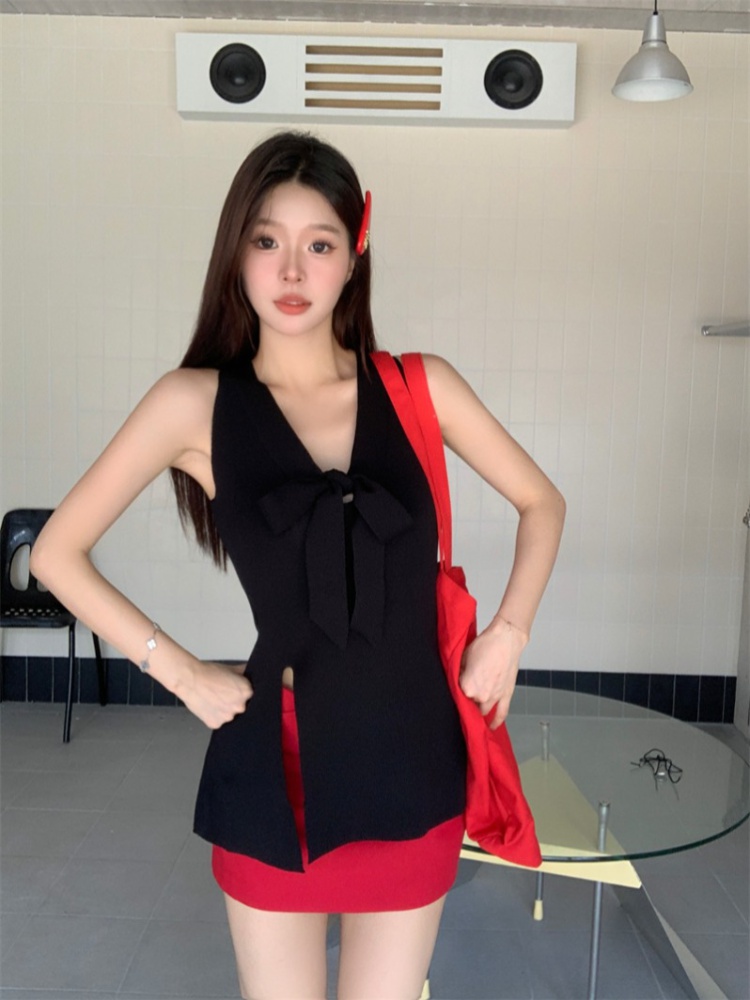 Knitted frenum temperament tops enticement bow halter vest