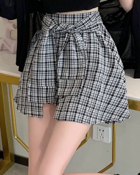 High waist thin bandage A-line slim niche plaid skirt for women
