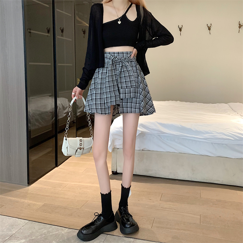 High waist thin bandage A-line slim niche plaid skirt for women