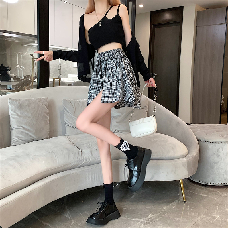 High waist thin bandage A-line slim niche plaid skirt for women