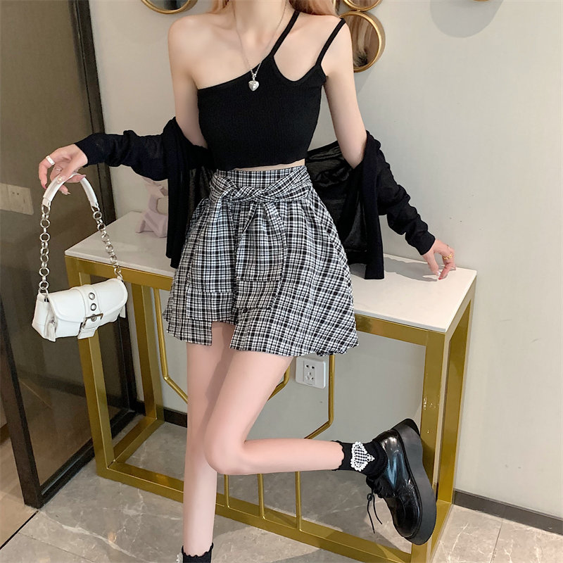 High waist thin bandage A-line slim niche plaid skirt for women