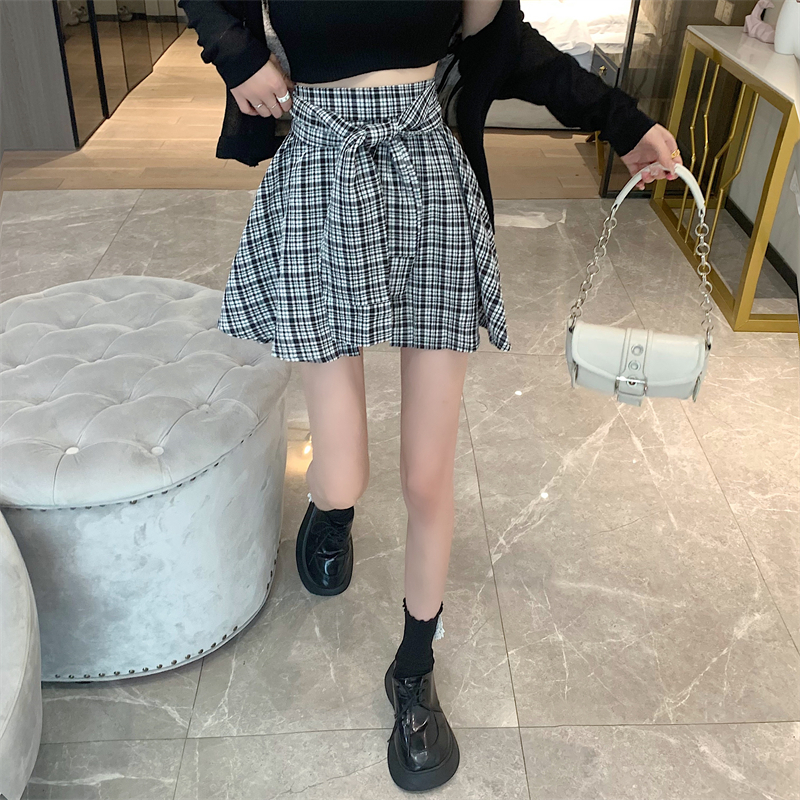 High waist thin bandage A-line slim niche plaid skirt for women