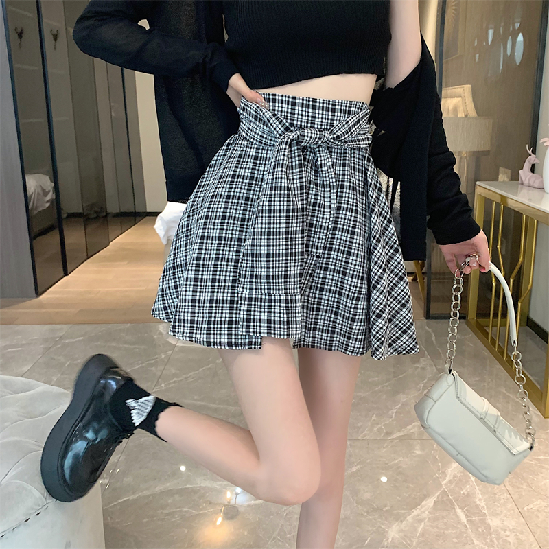 High waist thin bandage A-line slim niche plaid skirt for women