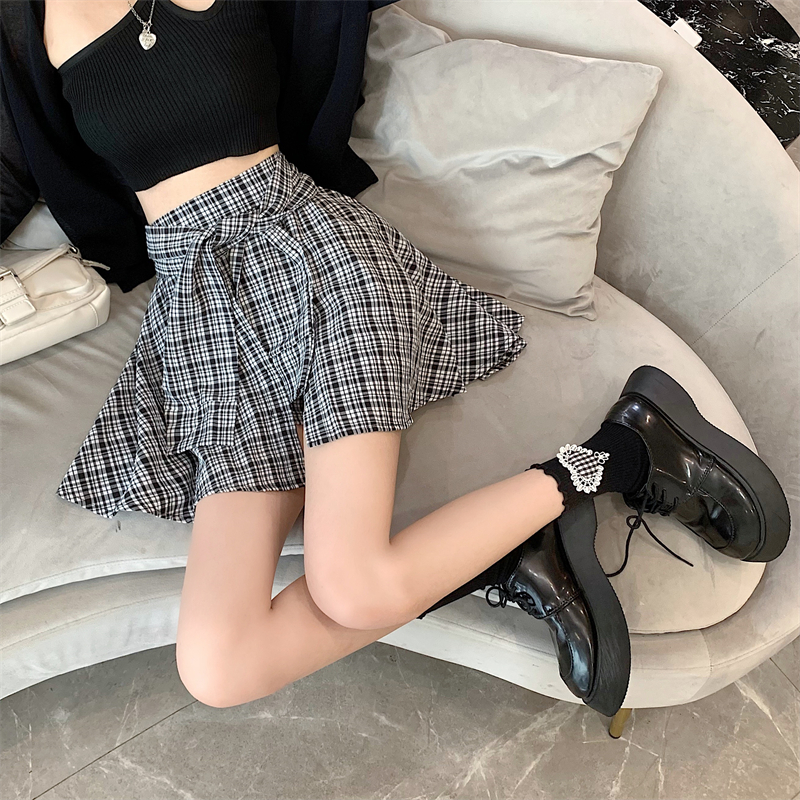 High waist thin bandage A-line slim niche plaid skirt for women