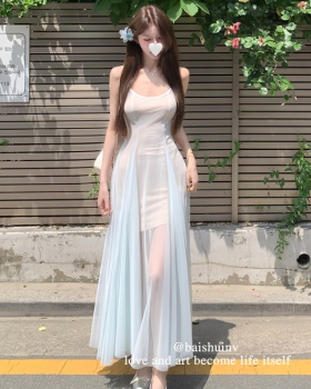 Slim  thin pinched waist gauze white dress