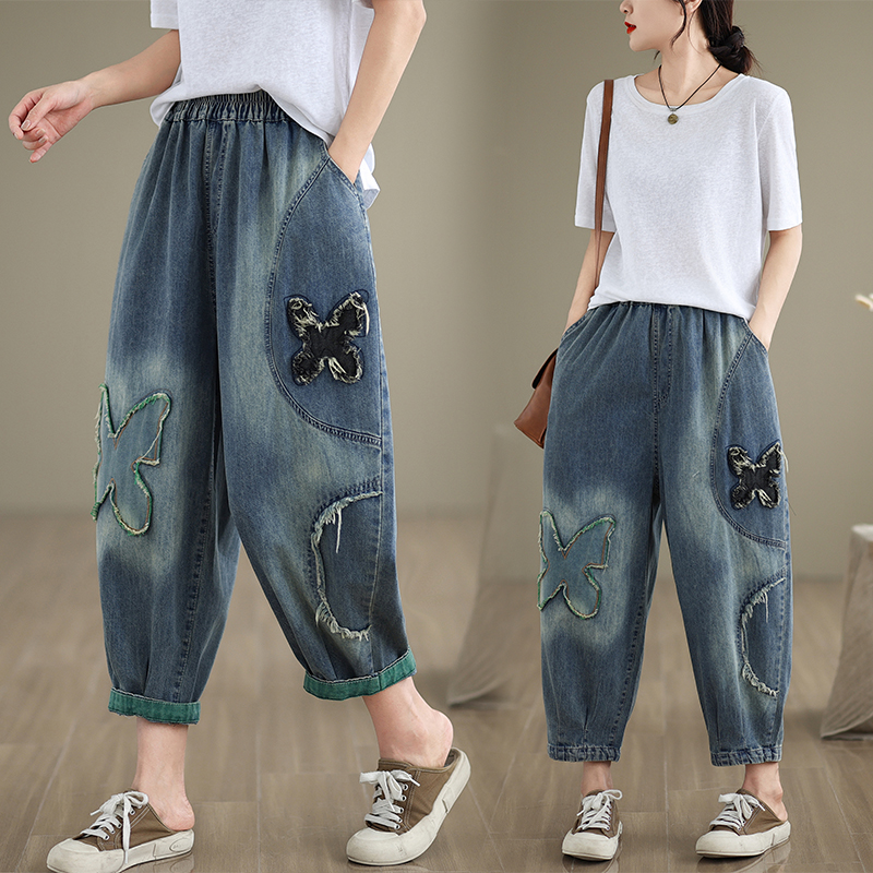 Autumn Casual fashion burr applique denim loose jeans