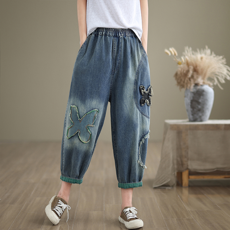 Autumn Casual fashion burr applique denim loose jeans