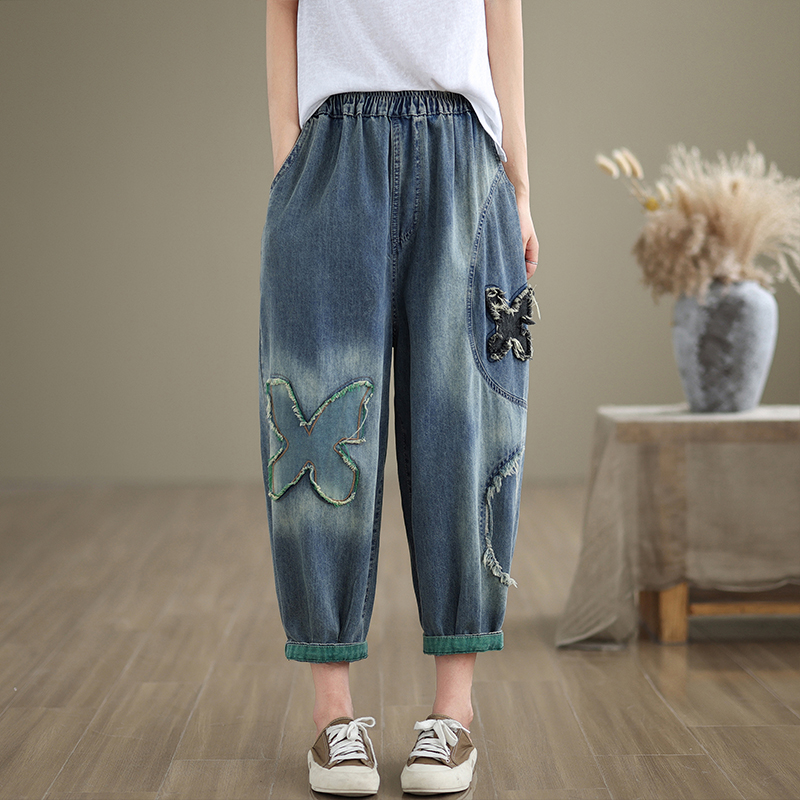 Autumn Casual fashion burr applique denim loose jeans