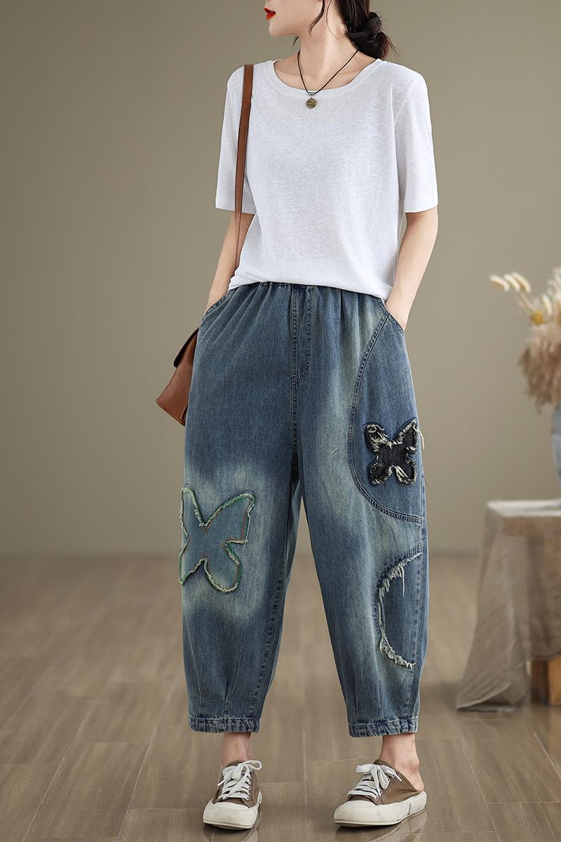 Autumn Casual fashion burr applique denim loose jeans