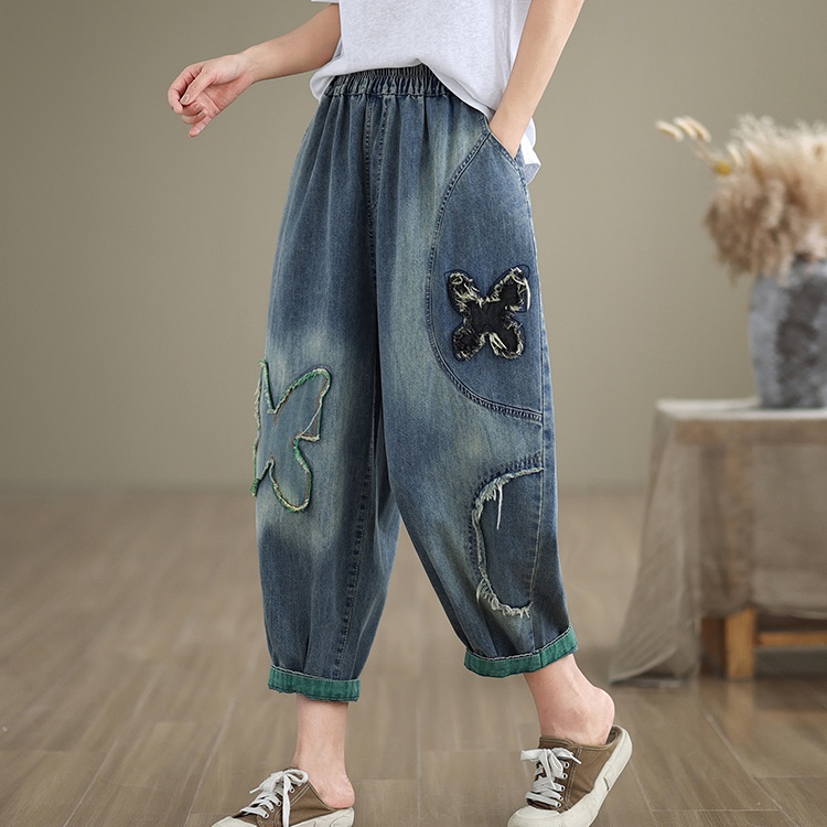 Autumn Casual fashion burr applique denim loose jeans