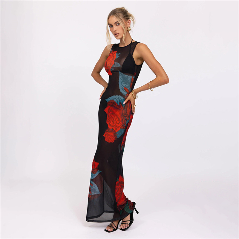 Sleeveless printing perspective round neck dress for women