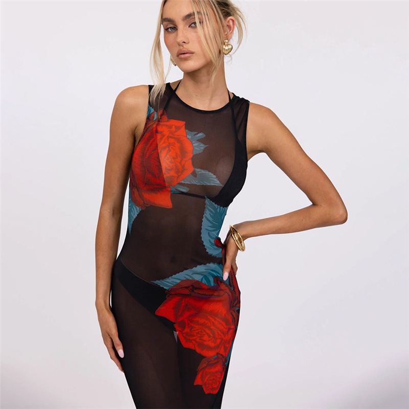 Sleeveless printing perspective round neck dress for women