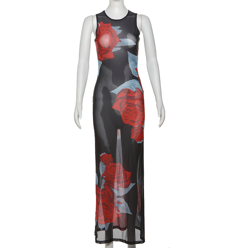 Sleeveless printing perspective round neck dress for women