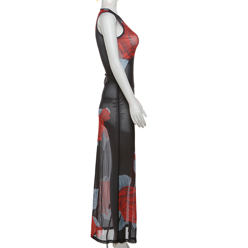 Sleeveless printing perspective round neck dress for women