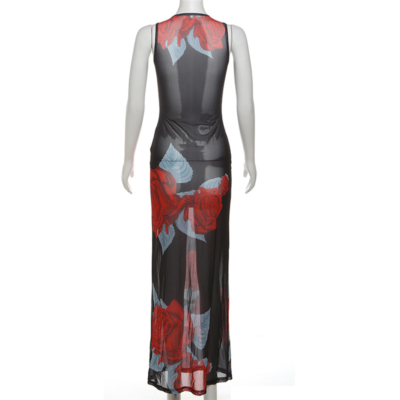 Sleeveless printing perspective round neck dress for women