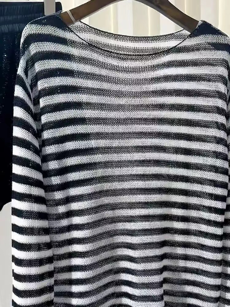 Slim horizontal collar sweater stripe tops for women