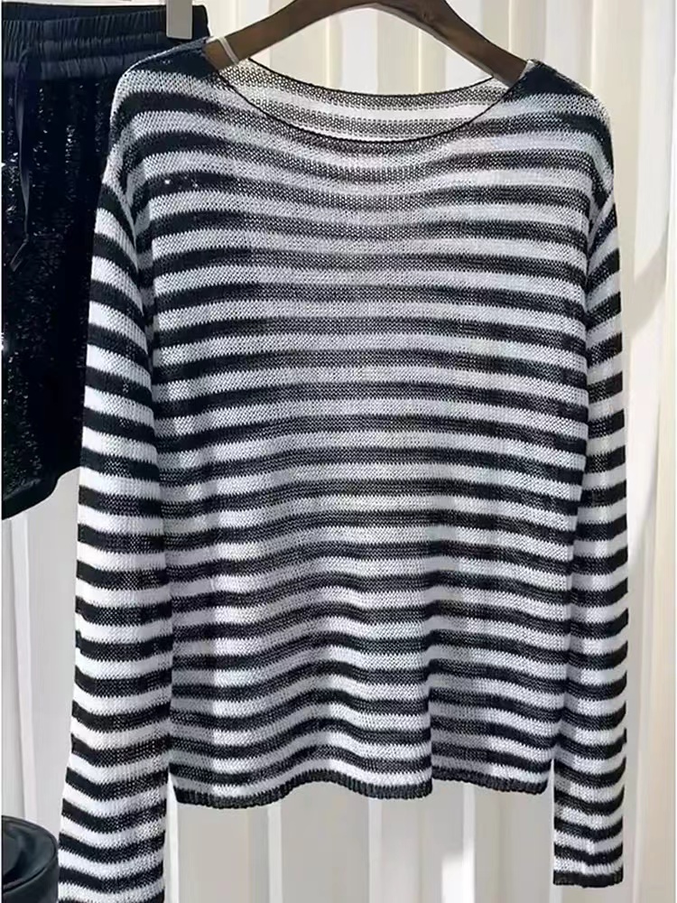 Slim horizontal collar sweater stripe tops for women