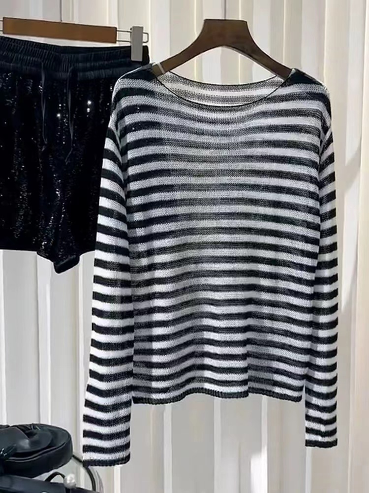 Slim horizontal collar sweater stripe tops for women