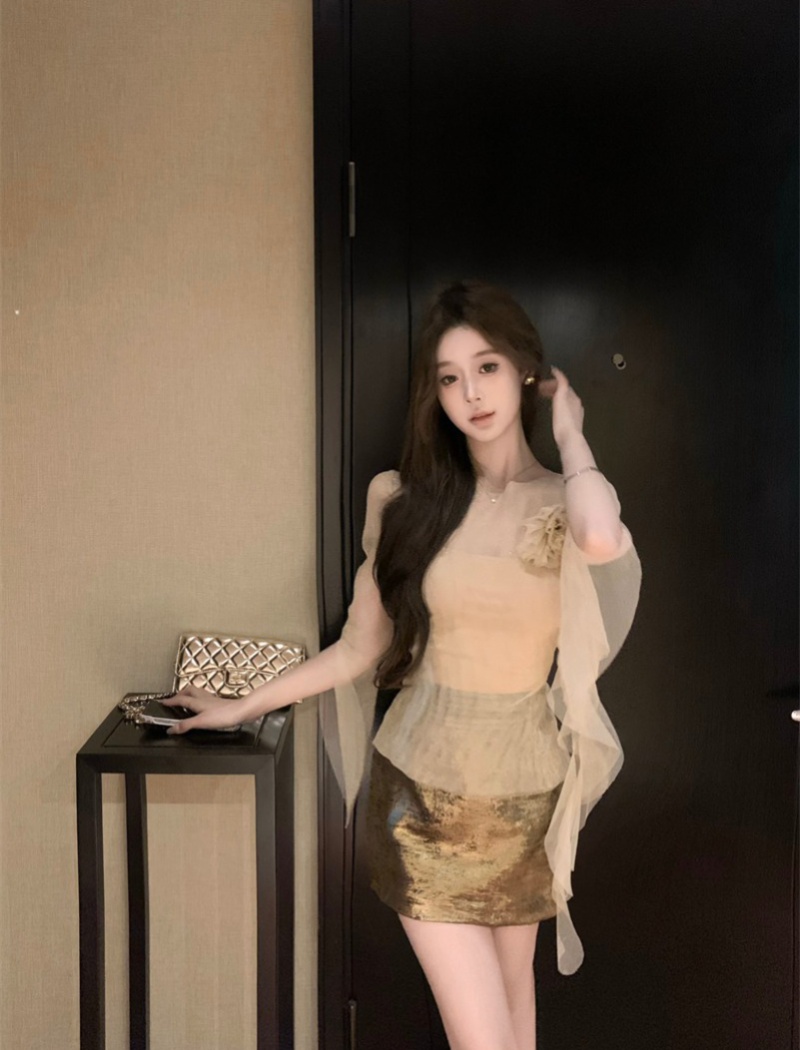 Gold gauze short sleeve shirt high waist flowers skirt a set