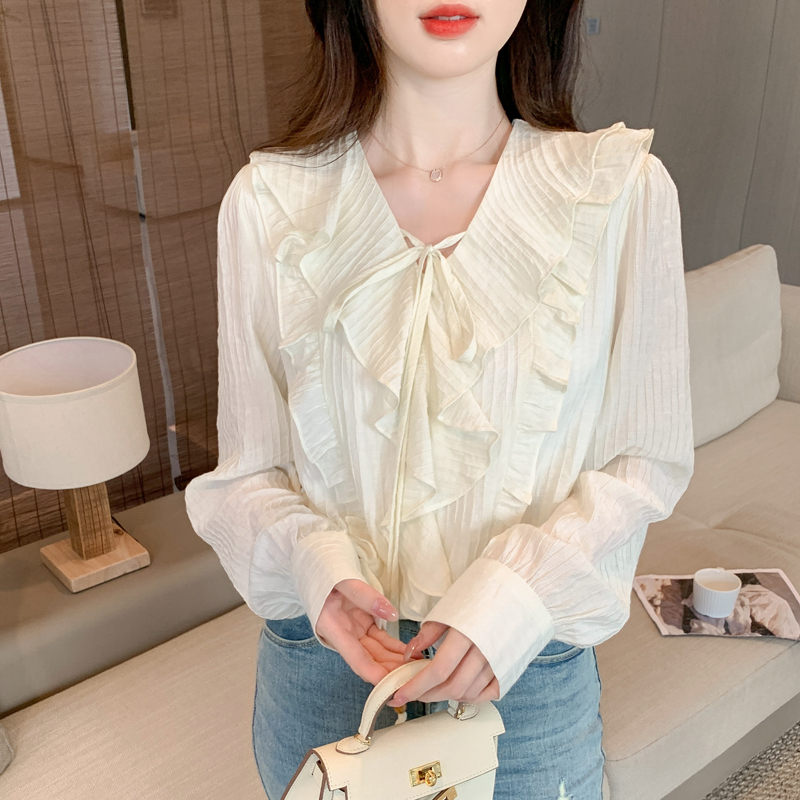 V-neck autumn shirt lotus leaf edges tops for women