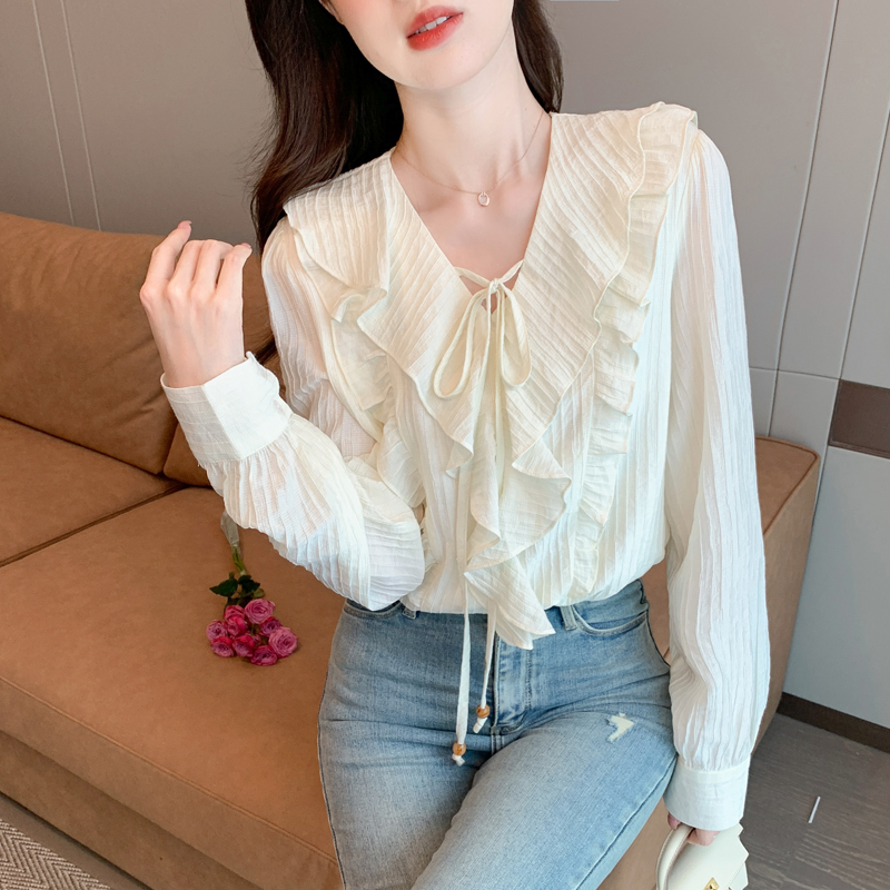 V-neck autumn shirt lotus leaf edges tops for women