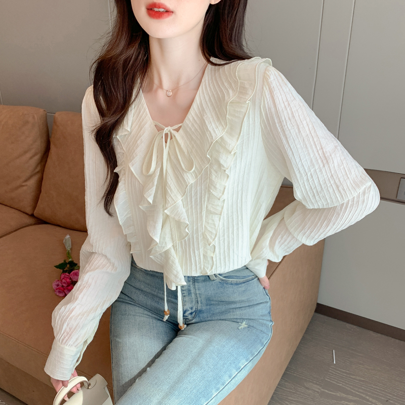 V-neck autumn shirt lotus leaf edges tops for women