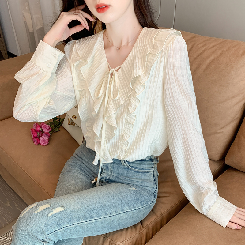 V-neck autumn shirt lotus leaf edges tops for women