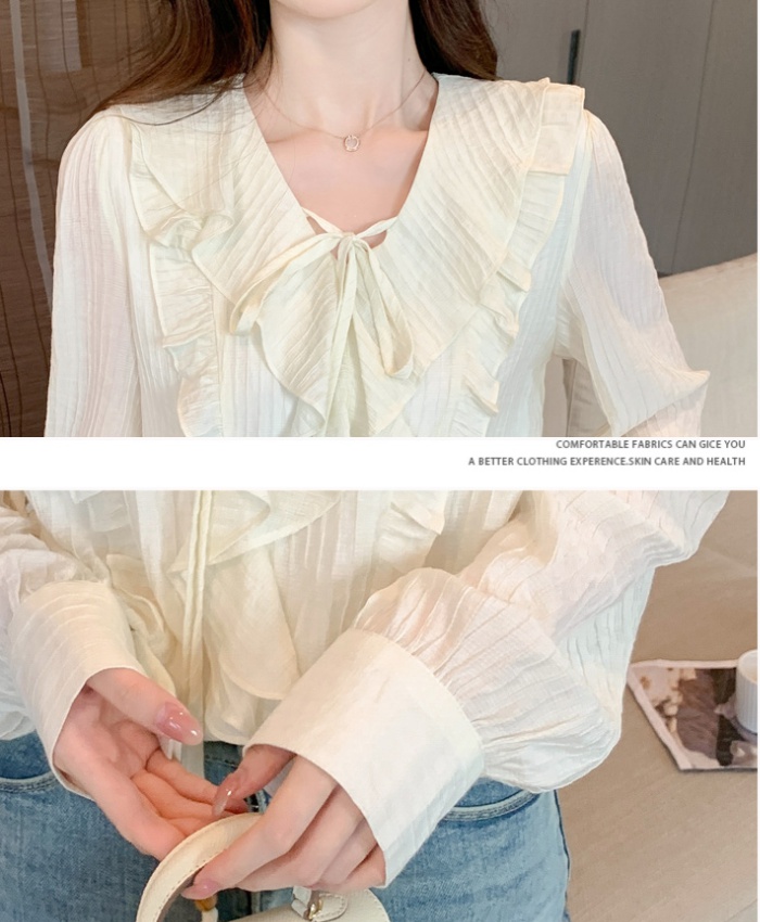 V-neck autumn shirt lotus leaf edges tops for women