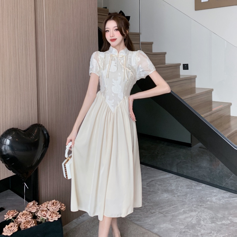 Pinched waist slim cheongsam cstand collar long dress