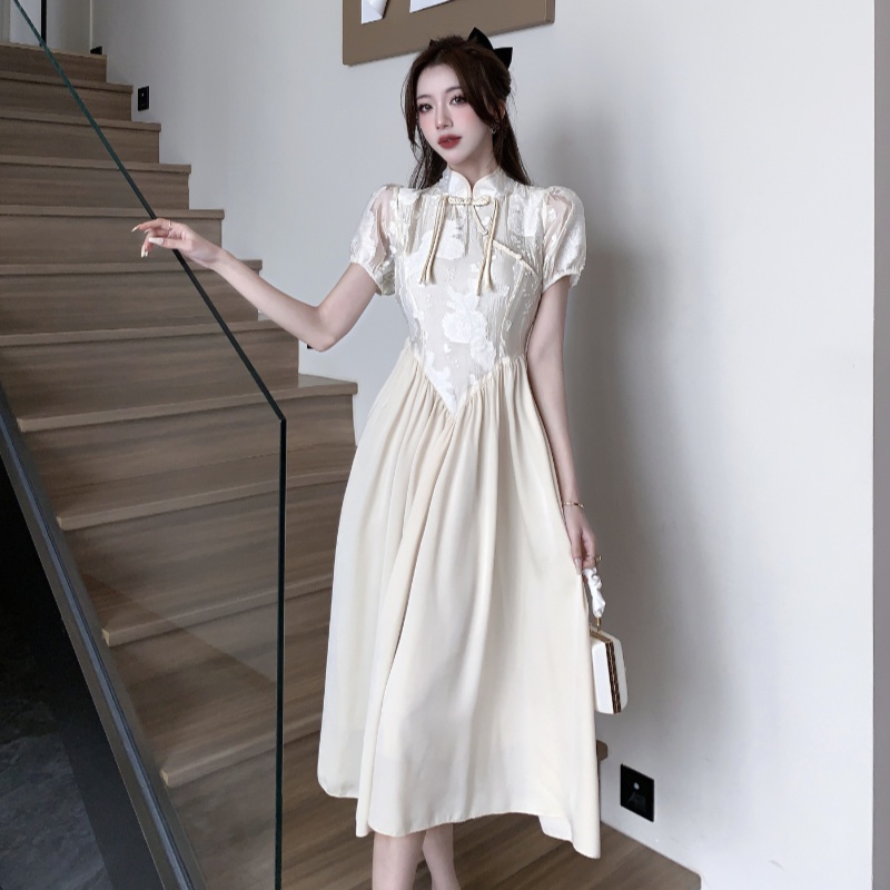 Pinched waist slim cheongsam cstand collar long dress