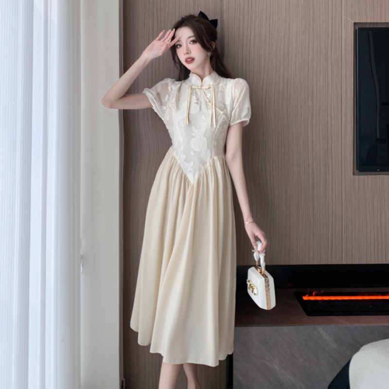 Pinched waist slim cheongsam cstand collar long dress