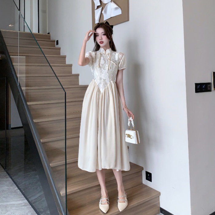 Pinched waist slim cheongsam cstand collar long dress