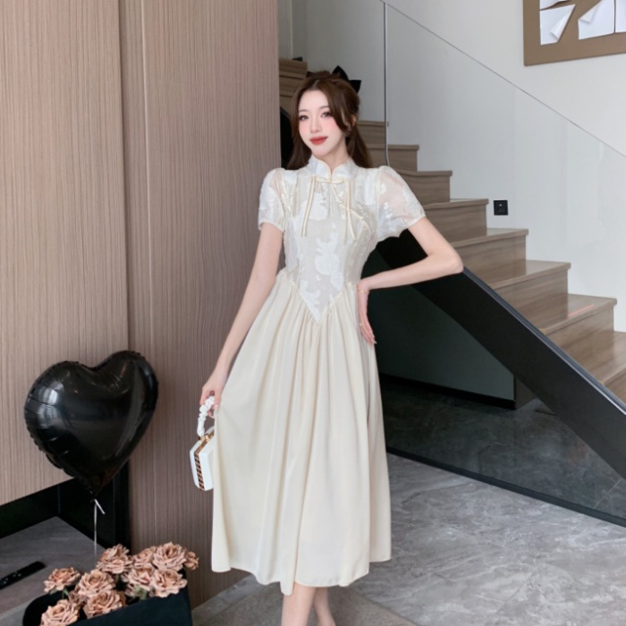 Pinched waist slim cheongsam cstand collar long dress